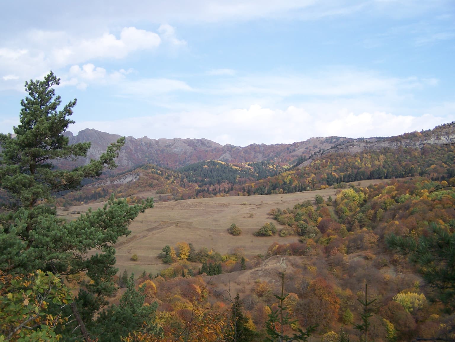Wide landscape view of Algeti National Park showing autumn-colored hills, forested areas, and mountains under a partly cloudy sky
