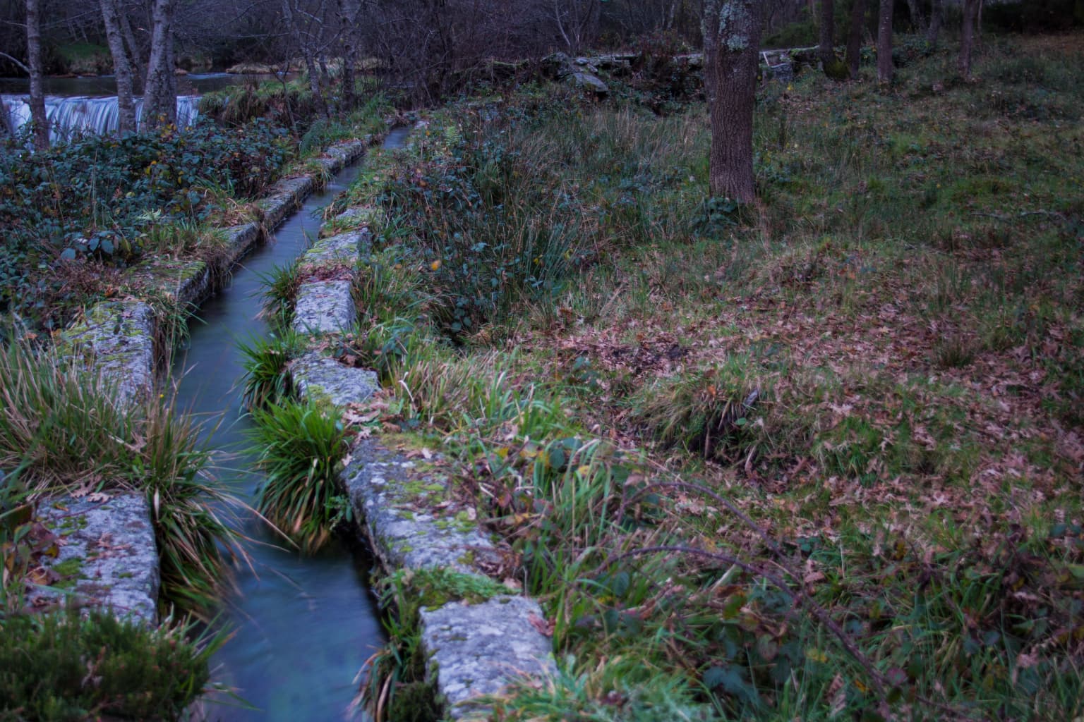 A narrow stone-lined water channel with green vegetation on both sides.