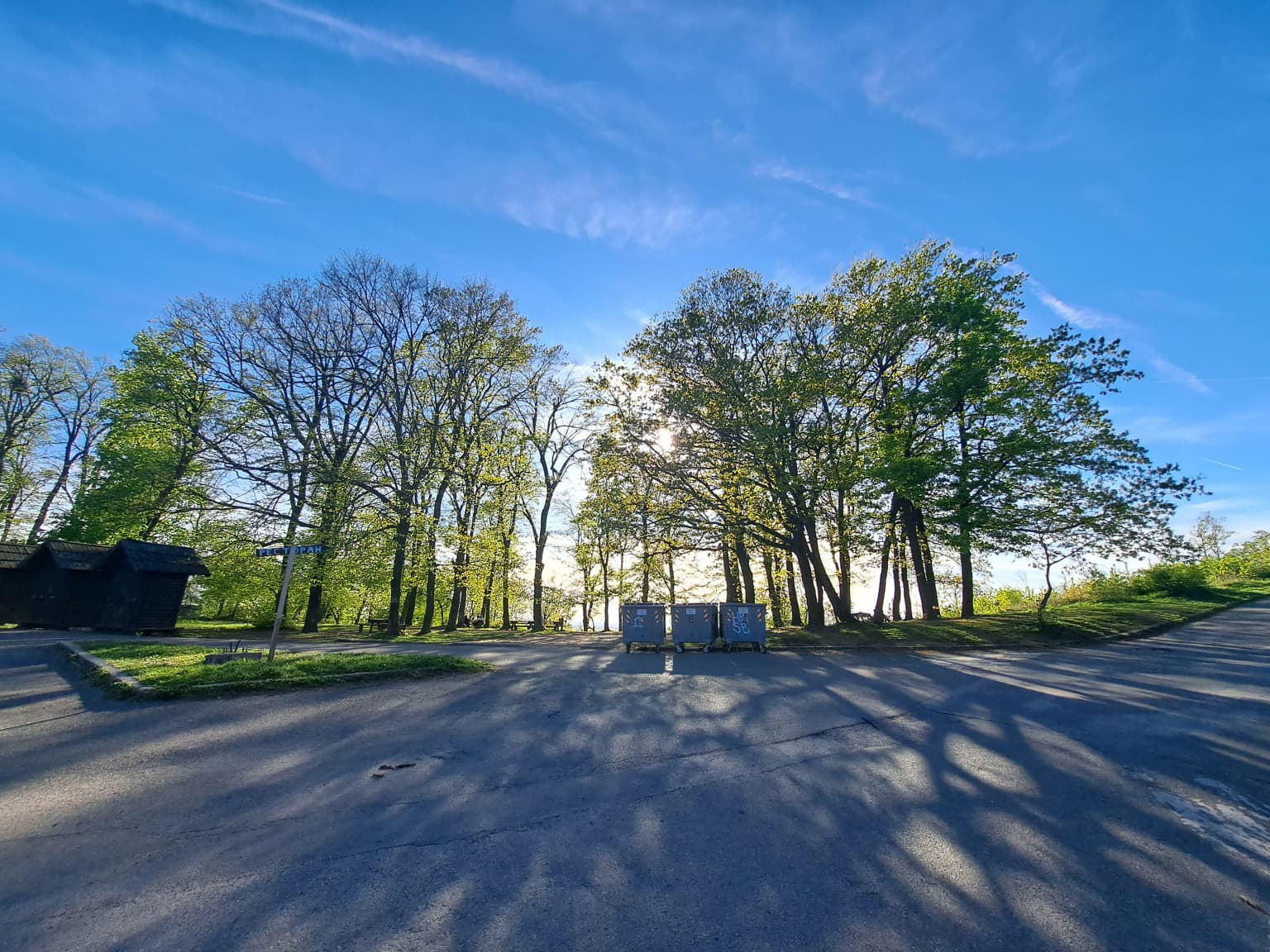 A paved road leading into a wooded area with trees and informational signs under a clear blue sky