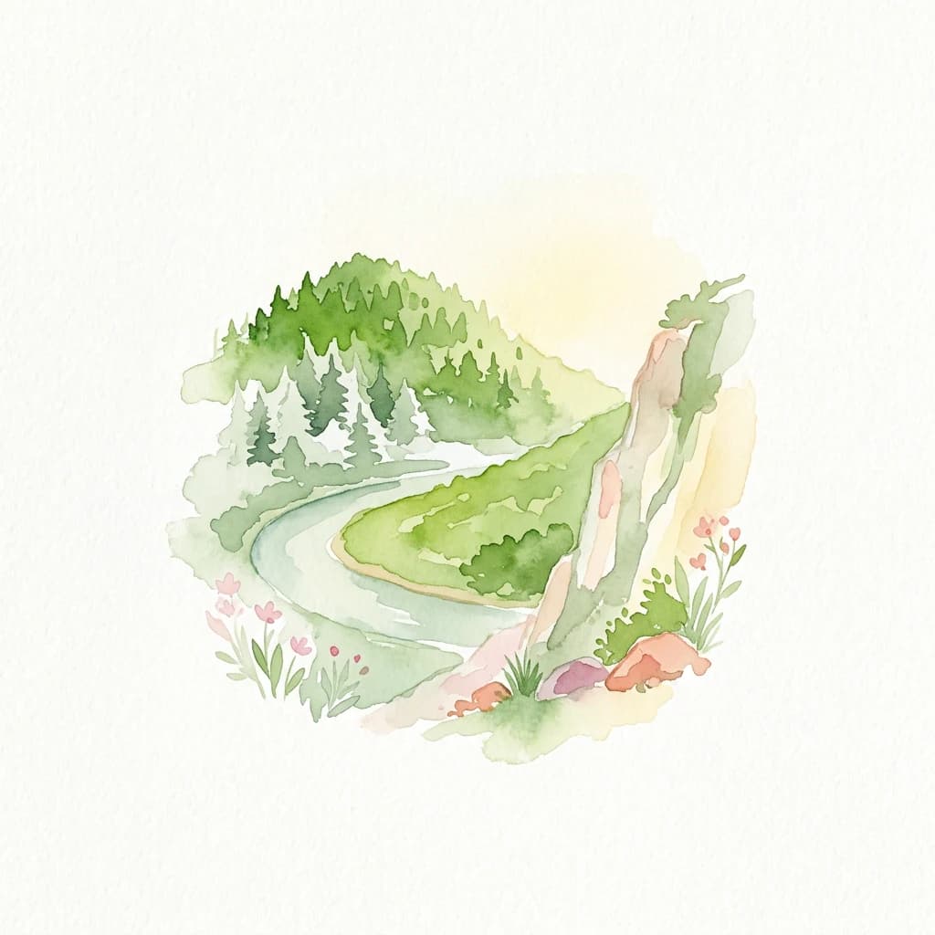 Watercolor painting depicting a winding river through a forested mountain area with flowers and rocks