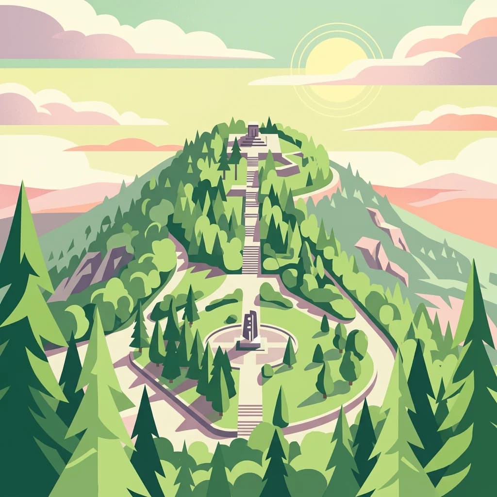 Stylized illustration of Avala Mountain showing a central monument, winding pathways, and forested slopes under a colorful sky
