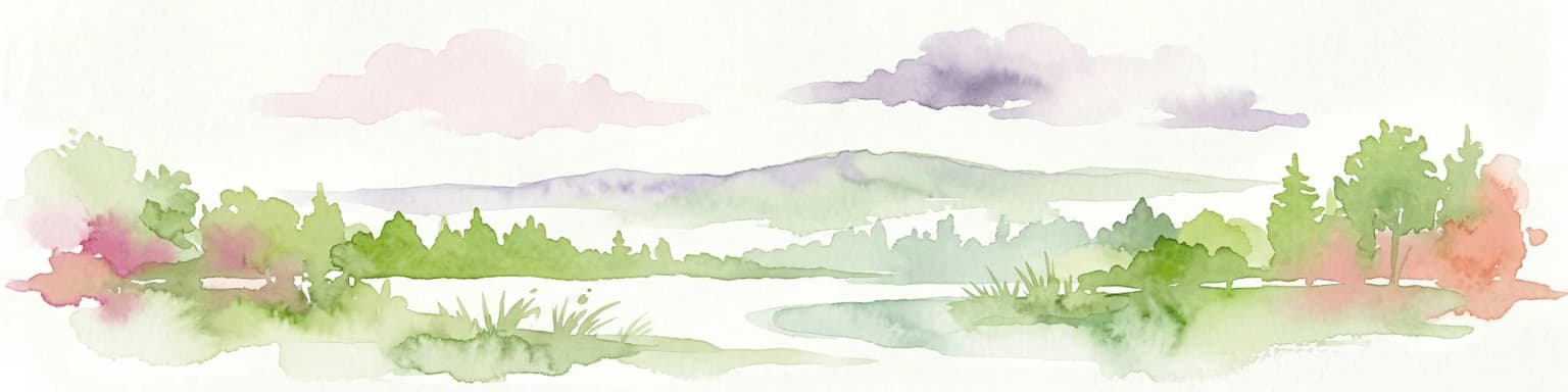 Watercolor painting of a landscape featuring rolling hills, a lake, trees, and a sky with clouds