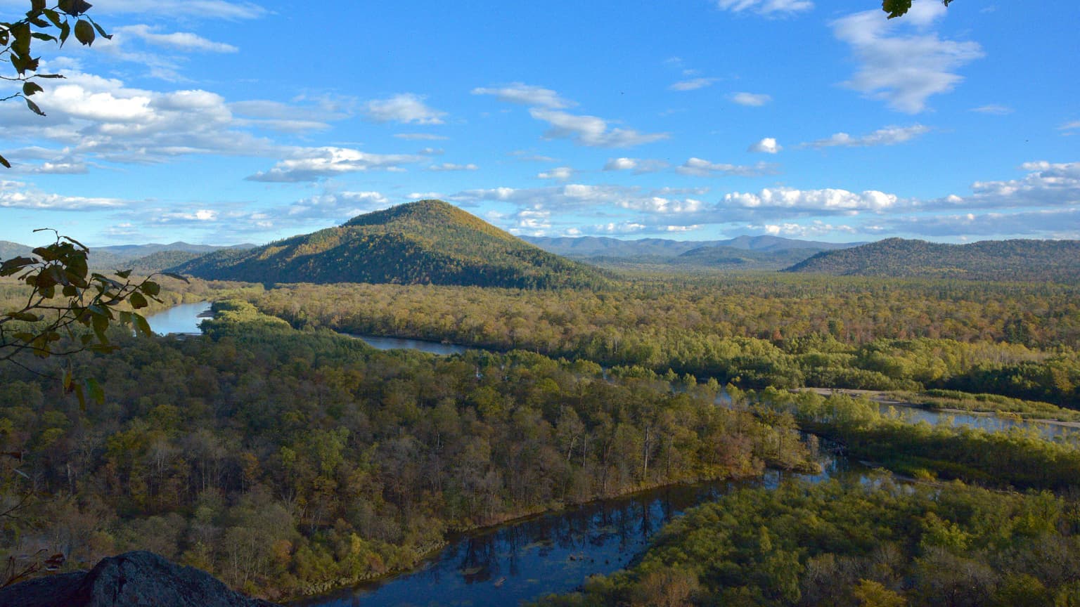 Wide aerial view of Bikin River valley surrounded by dense forests and rolling hills under a bright blue sky with scattered clouds