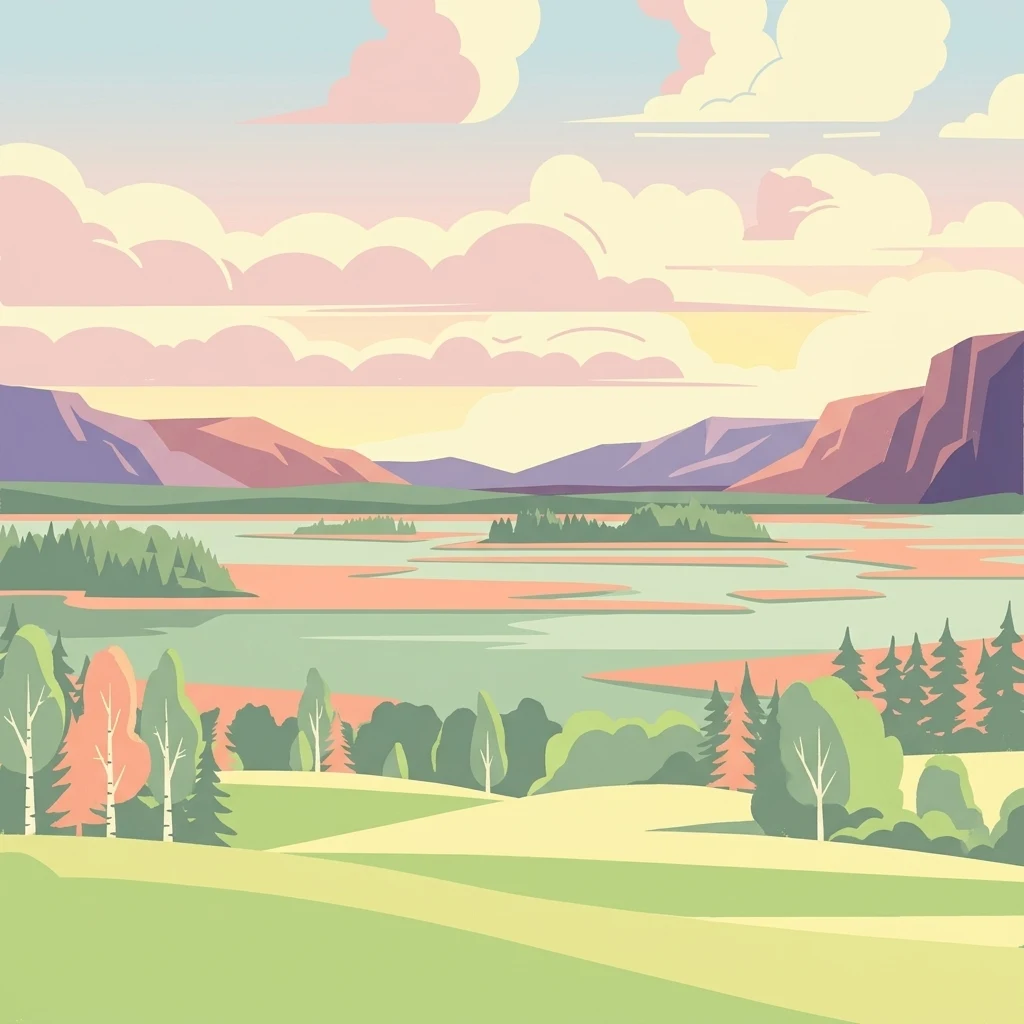 Stylized illustration of a lake landscape with rolling hills, forests, and a colorful sky