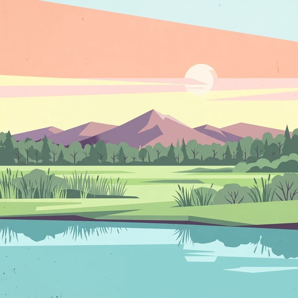 Stylized illustration of a river delta landscape with mountains, green fields, and a reflective body of water under a sunset sky