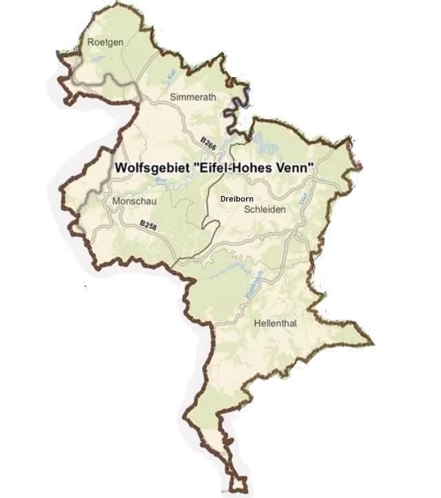 Map of Eifel National Park boundary with labeled regions including Roetgen, Simmerath, Monschau, Dreiborn, and Hellenthal