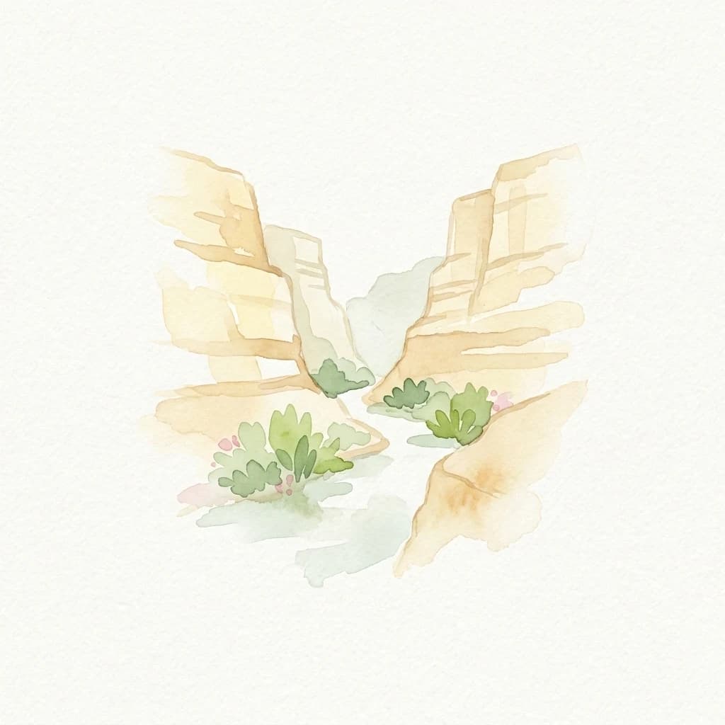Watercolor illustration of a canyon with rock walls, green vegetation, and a small stream