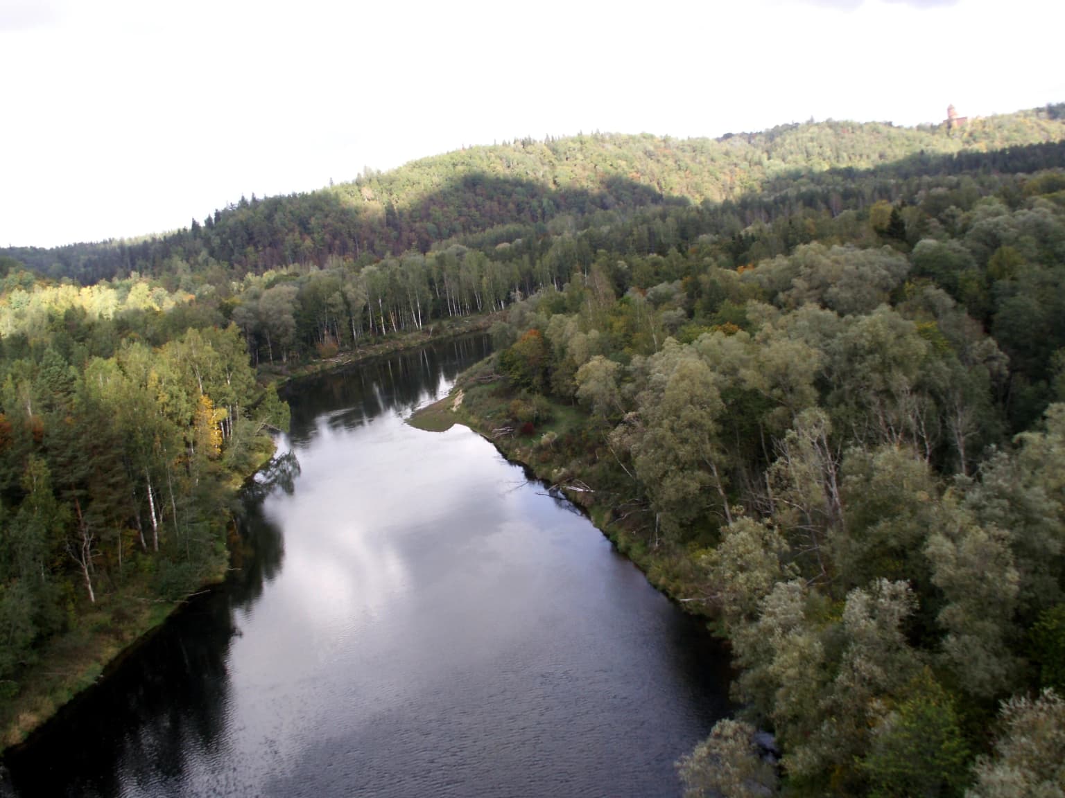 Aerial view of a river flowing through dense forests with hills in the background
