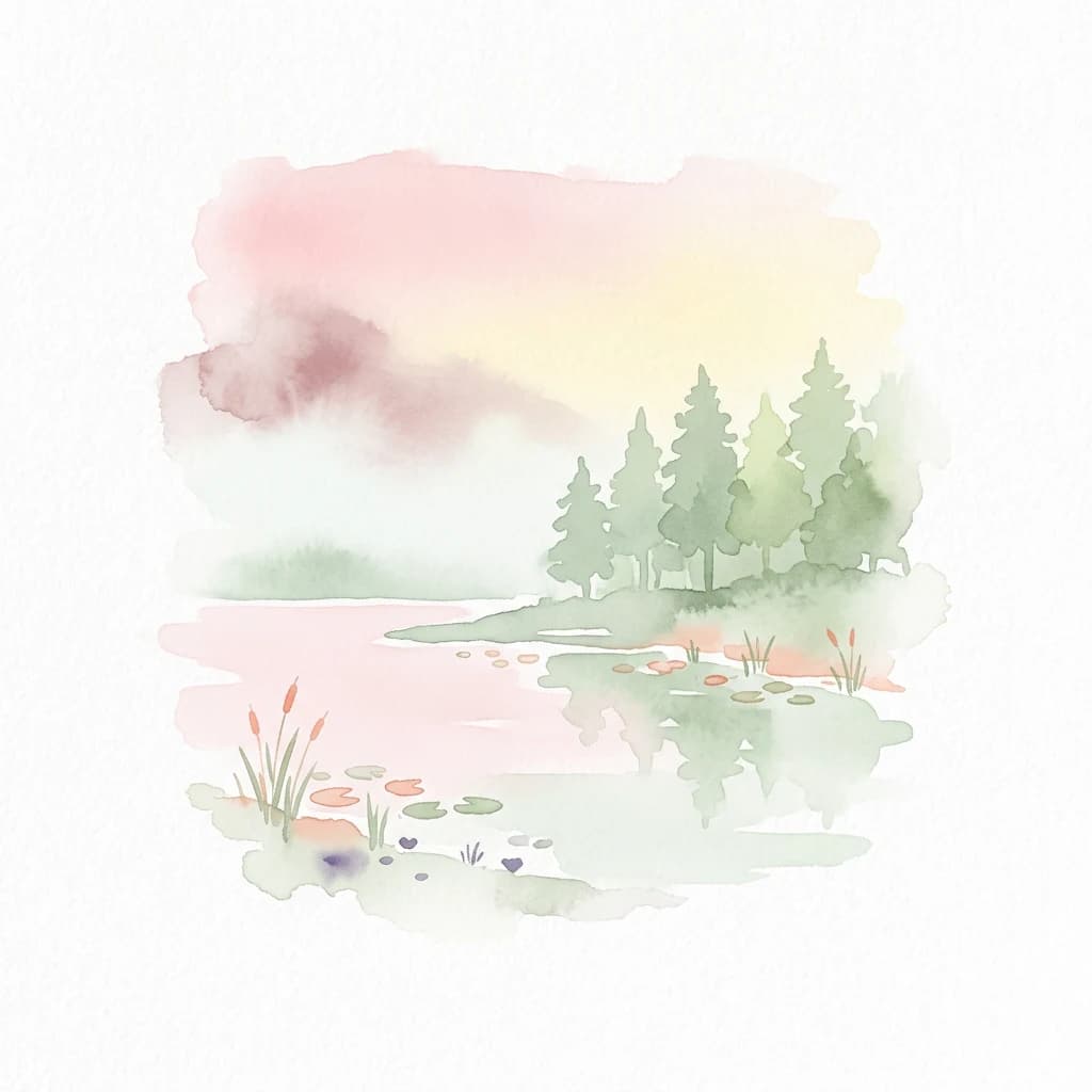 Pintura en acuarela de un humedal con árboles, nenúfares y un cielo rosáceo