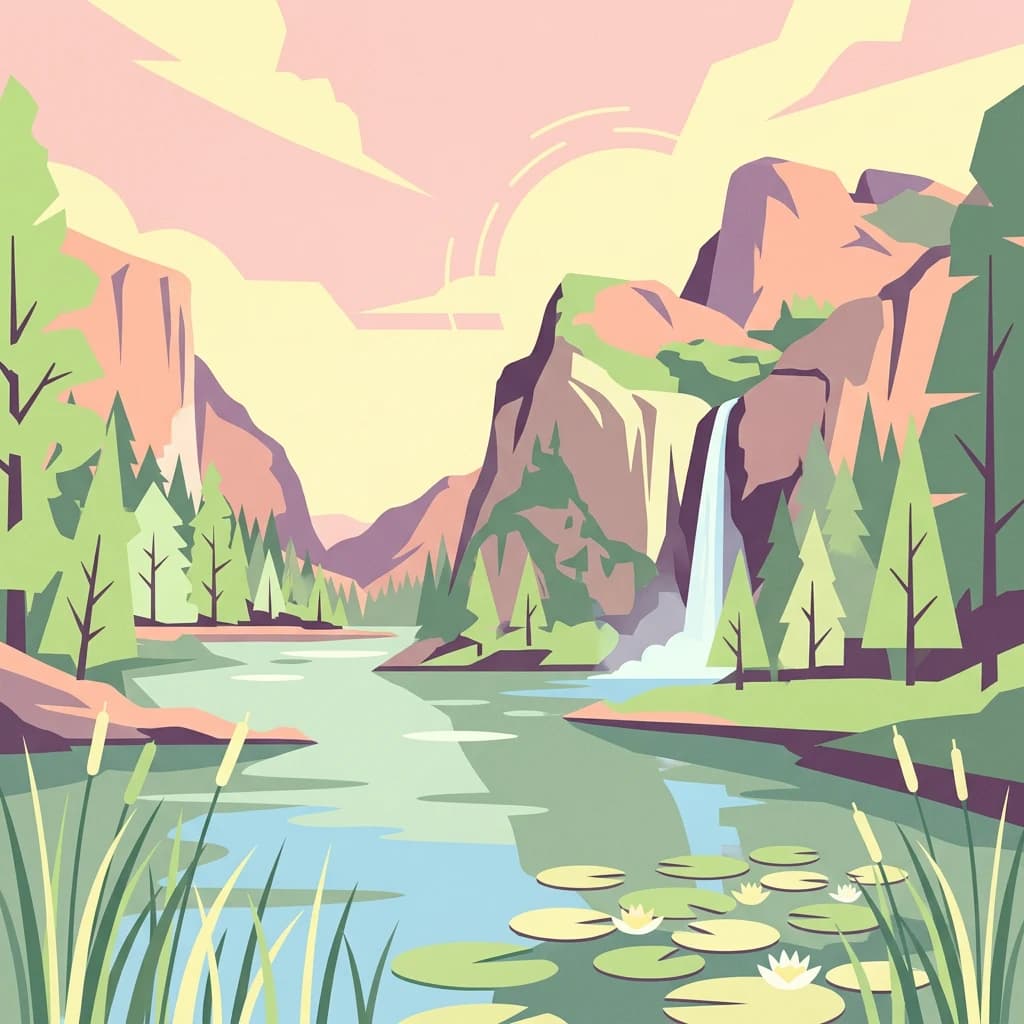 Stylized illustration of a river flowing through a valley with mountains, trees, water lilies, and reeds