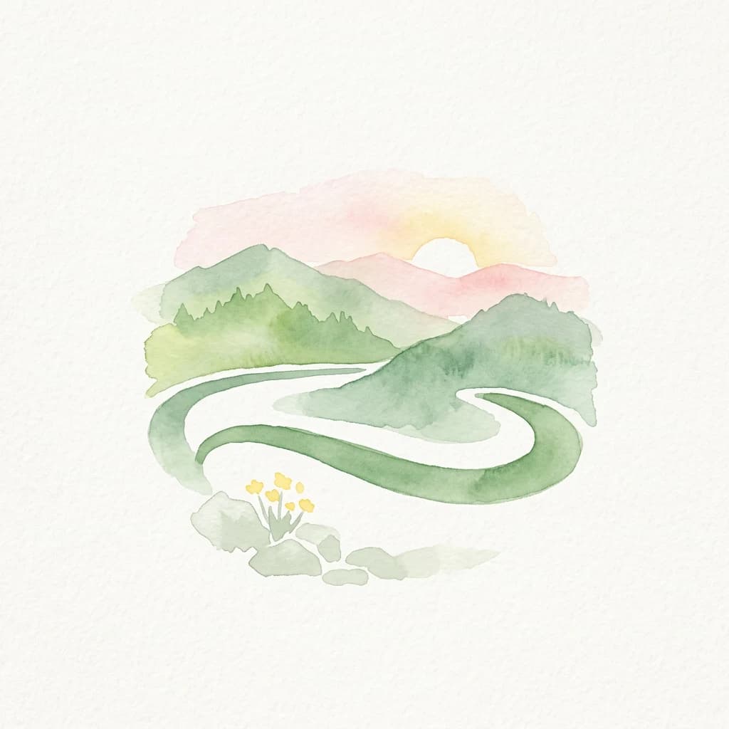 Watercolor illustration of green mountains, a winding river, yellow flowers, and a sunset sky