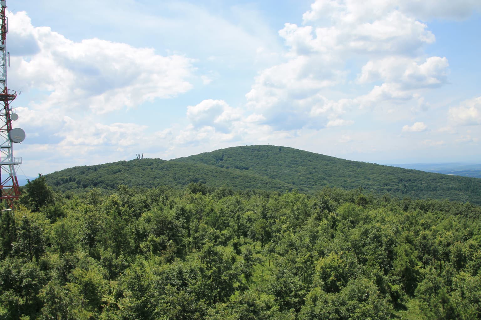 Panoramic landscape view showing a forested mountain with lush green trees, communication towers on the left, and a blue sky with scattered clouds
