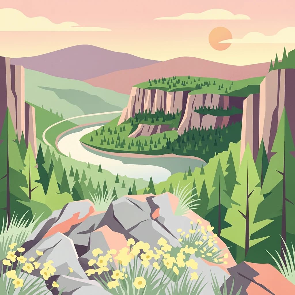 Stylized illustration showing a mountainous landscape with a winding river, cliffs, forests, and yellow wildflowers