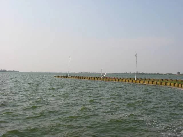 A wide view of Lake Palić showing choppy water with a long yellow and brown pier structure extending from the right side toward the horizon under a hazy sky