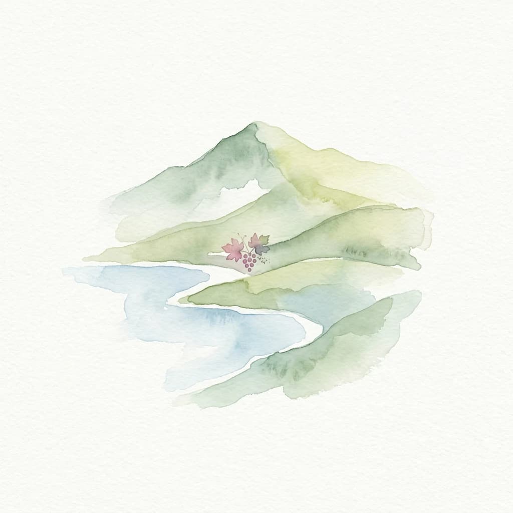 Ilustración acuarela que muestra colinas verdes, agua azul y pequeñas flores rosadas