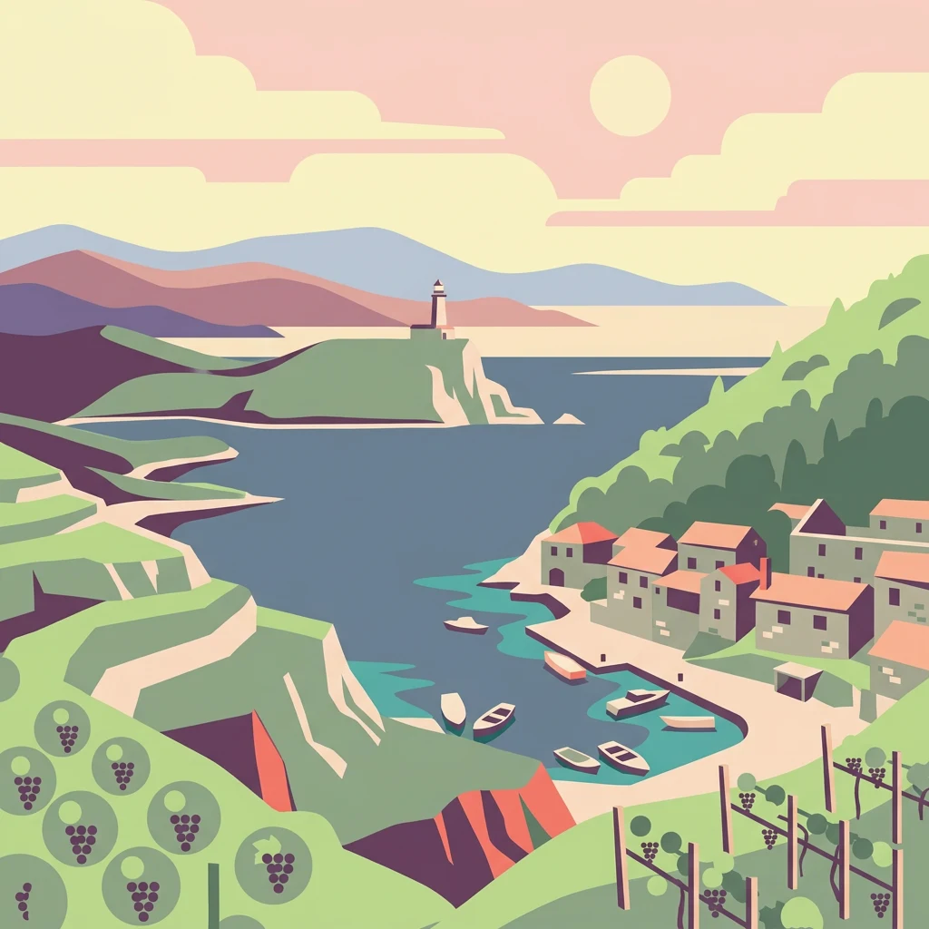 Stylized illustration of a coastal village with boats, lighthouse on a cliff, vineyards, and mountains in the background