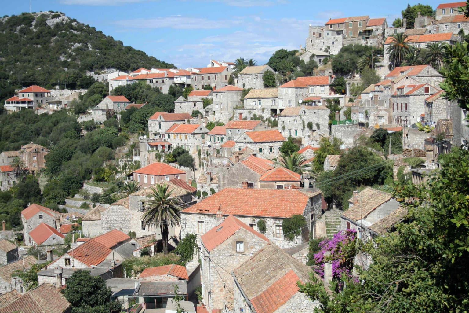 Stone houses with red-tiled roofs on a hillside, surrounded by greenery and a mountain in the background
