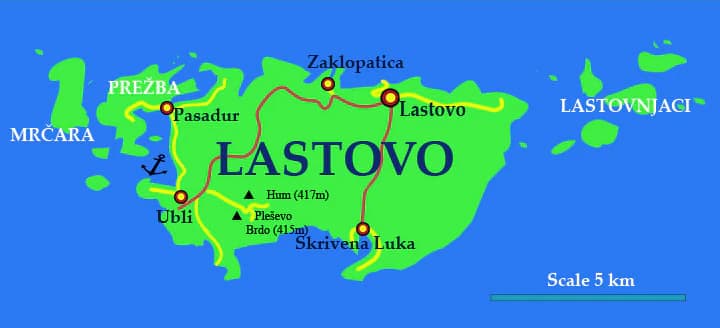 Map of Lastovo island with labeled surrounding islands: Prezba, Mrčara, Lastovnjači. Markers indicate locations like Pasadur, Ubi, Skrivena Luka, and Zaglopatica. Scale bar shows 5 km