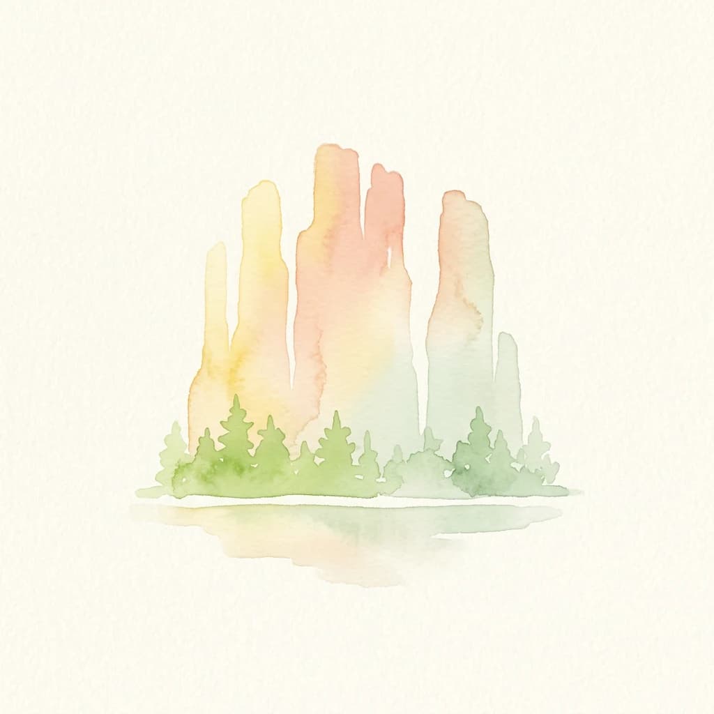 Ilustración en acuarela de altas formaciones rocosas junto a una masa de agua con árboles verdes en primer plano