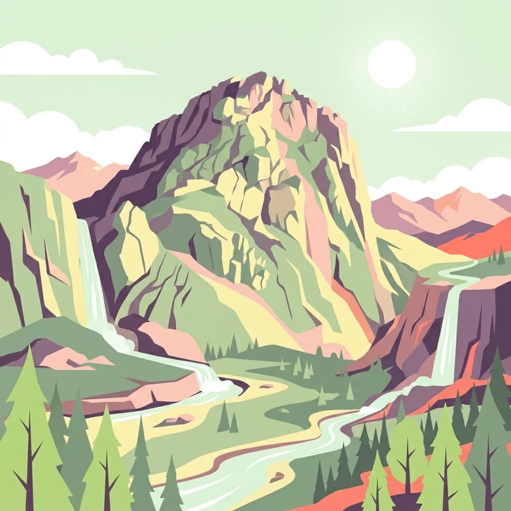 Ilustración estilizada de una montaña con cascadas, río y árboles bajo un cielo brillante con nubes