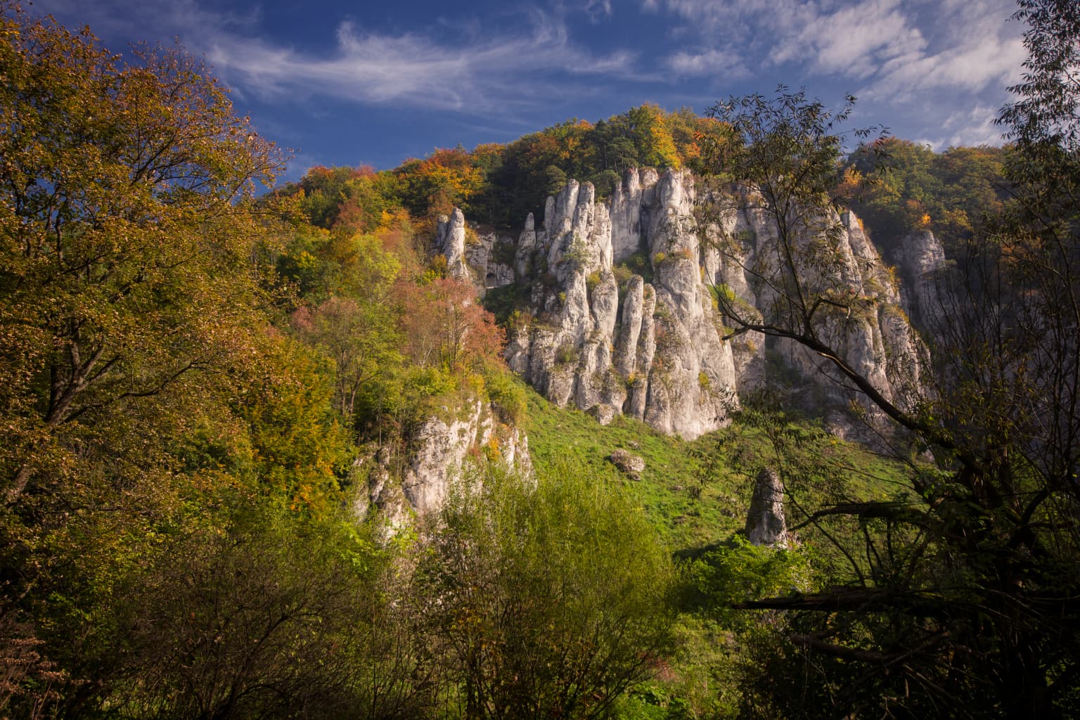 Limestone cliffs rising above a forested valley with autumn-colored trees under a partly cloudy sky