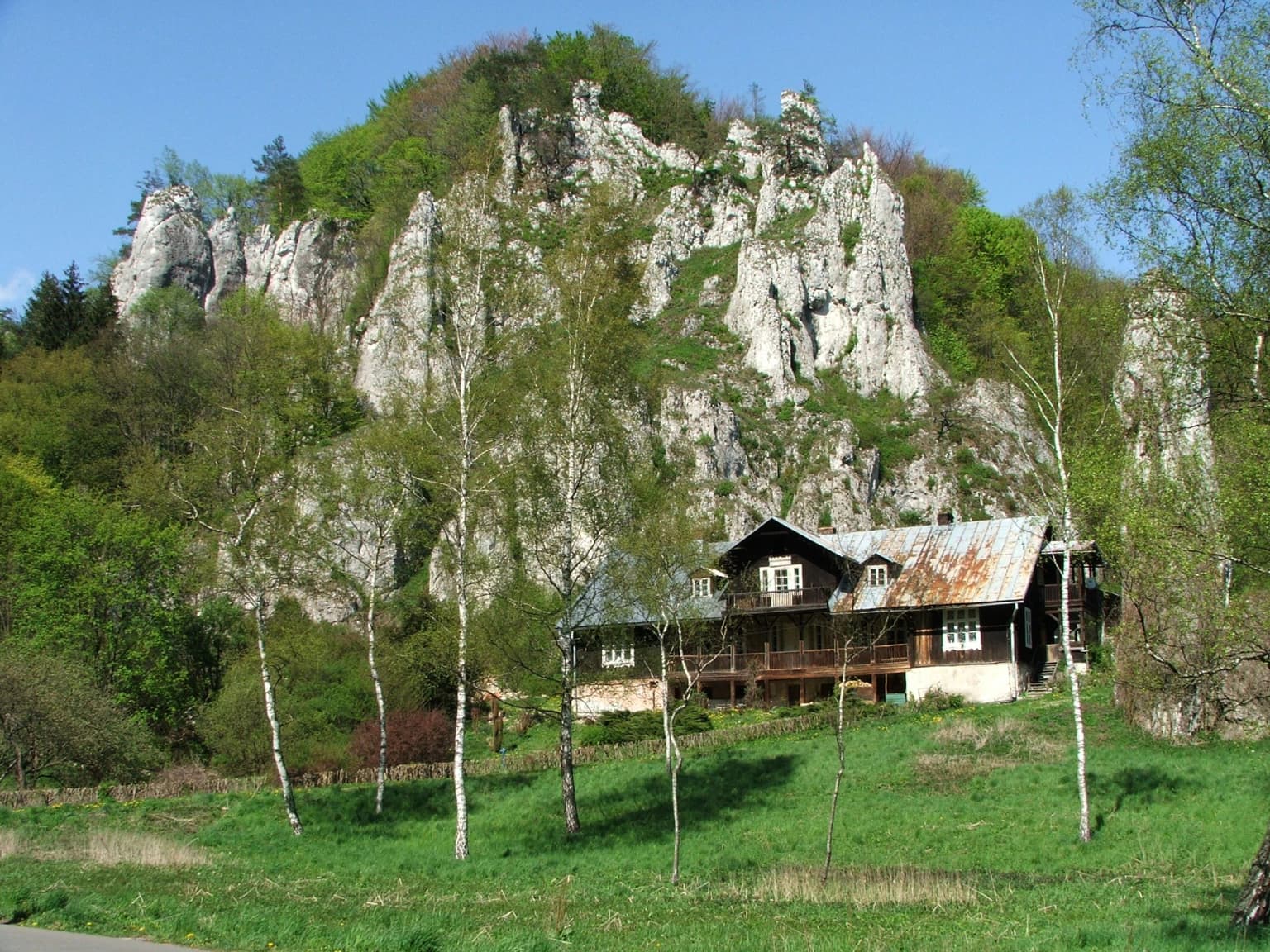 Wooden house with rusted metal roof surrounded by green meadows and birch trees, with limestone cliffs in the background under a clear blue sky.