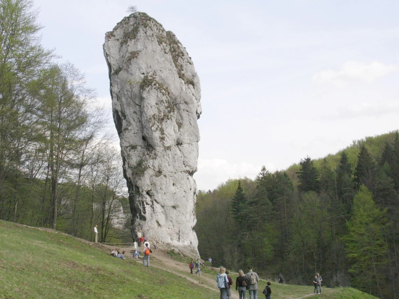A tall limestone rock formation with patches of vegetation on a grassy hillside with visitors walking along a path and forested hills in the background