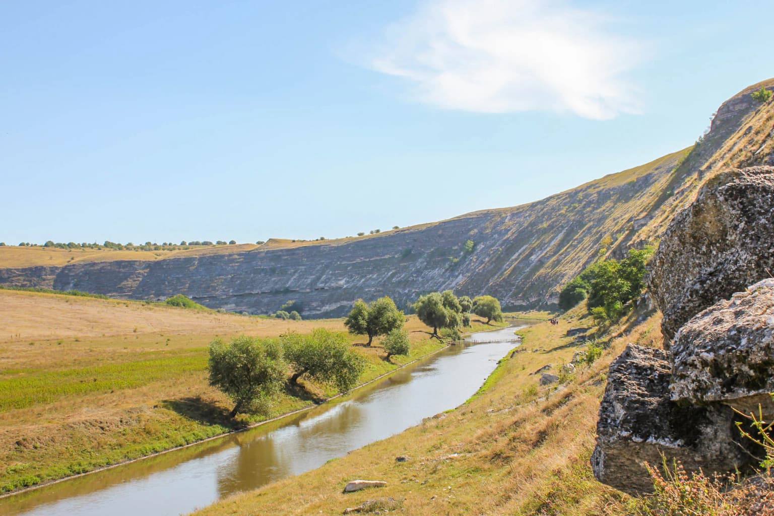 A river flows through a valley with steep cliffs, grassy fields, and scattered trees under a clear blue sky