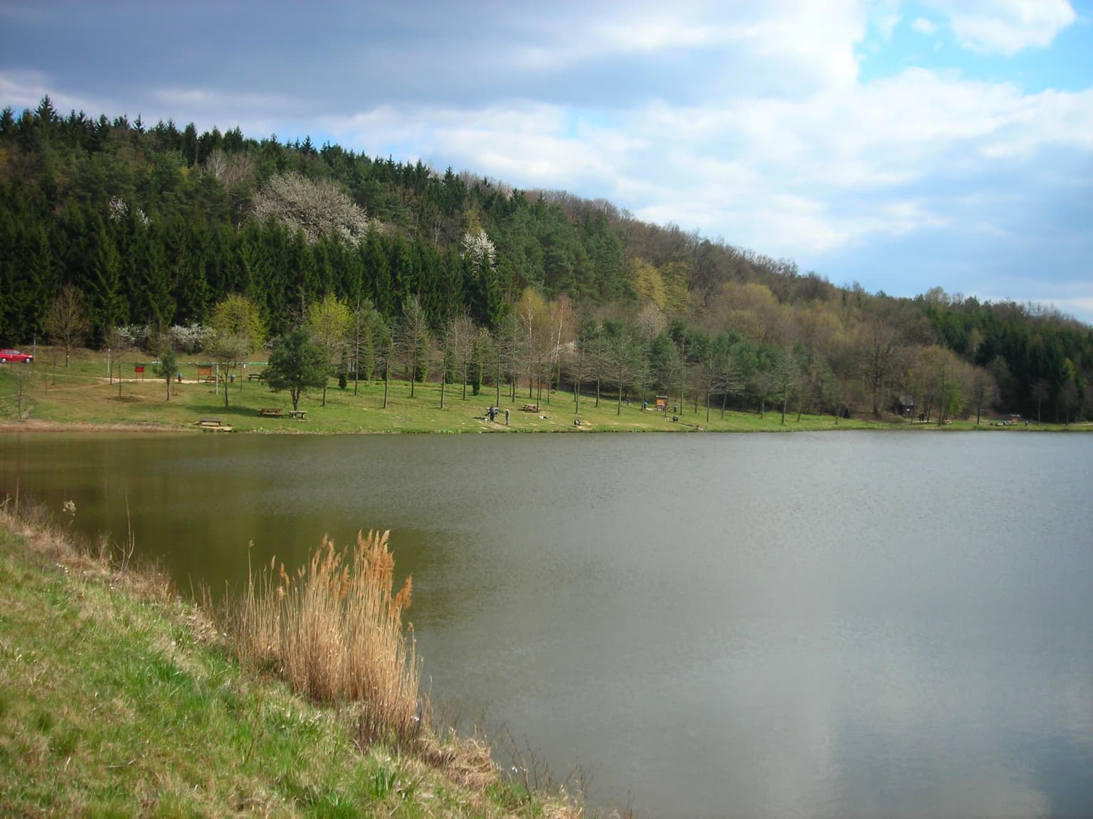 A lake surrounded by grassy shoreline and forested hills under a partly cloudy sky