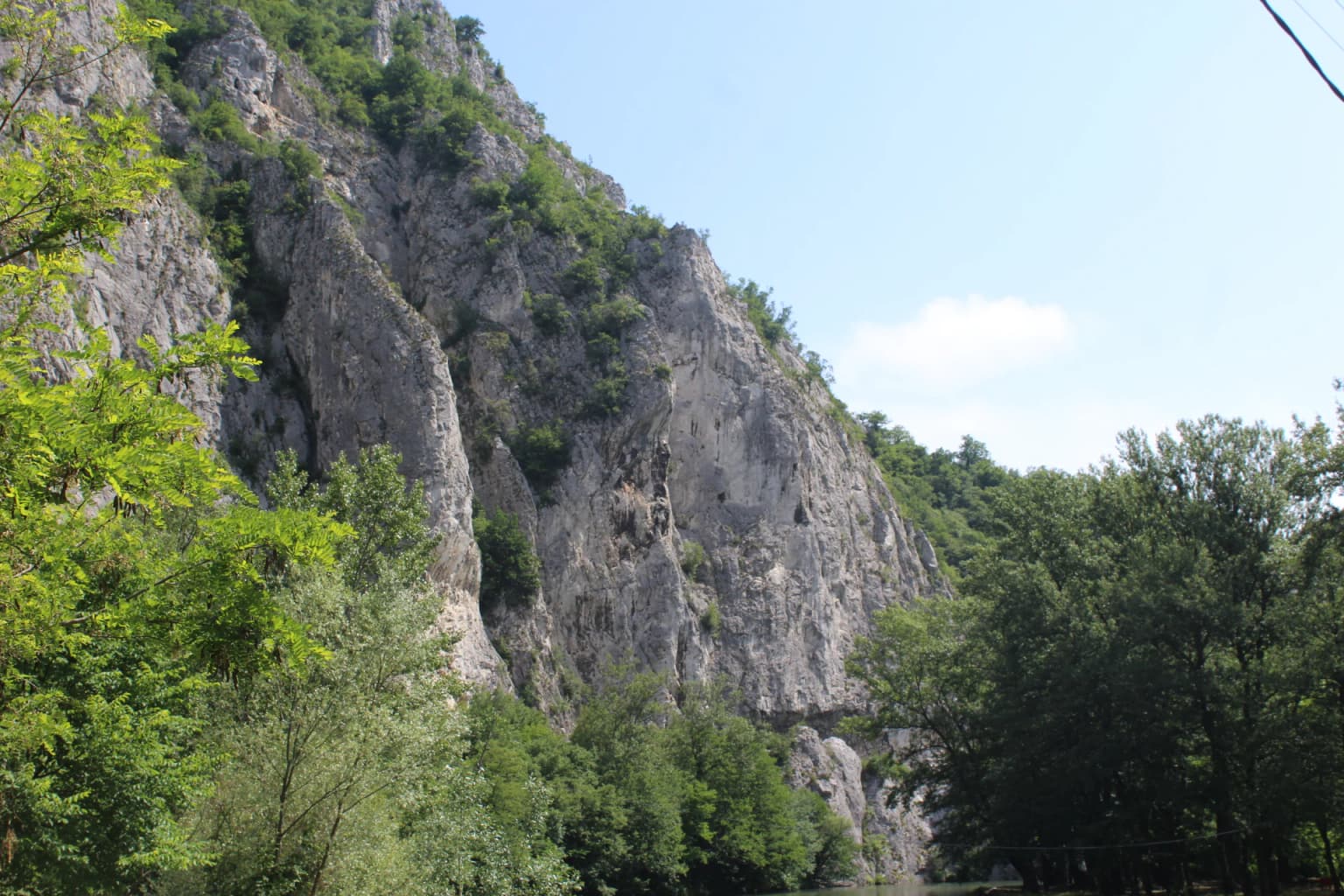 Steep karst rock cliffs with scattered vegetation, surrounded by dense green trees under a clear blue sky