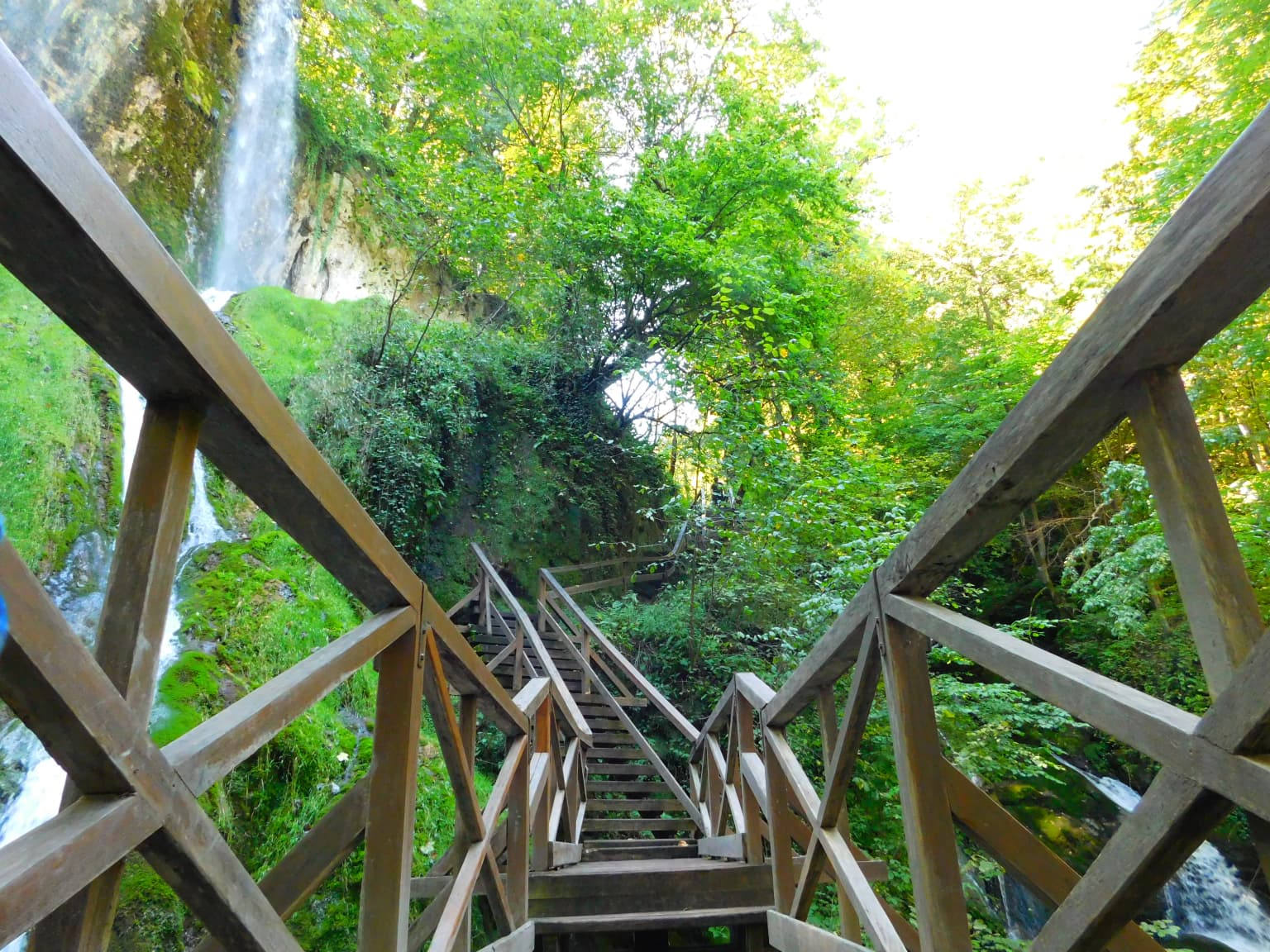 Wooden staircase with railings leading upwards through a forested area toward a waterfall