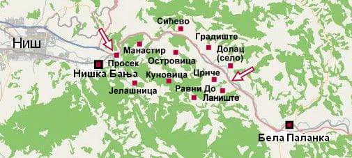 A geographical map of the Sićevo Gorge area with place names marked in Serbian Cyrillic script, showing topographical features and nearby settlements including Niš and Bela Palanka