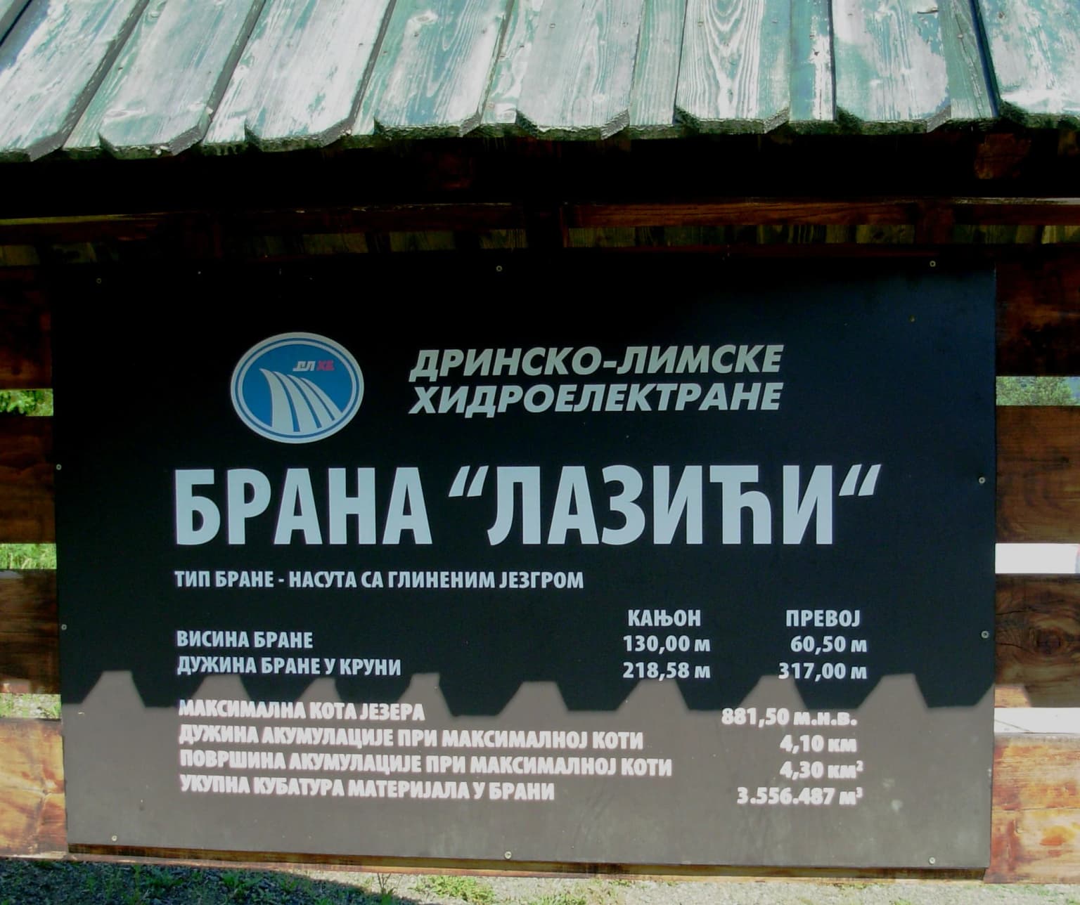 Black signboard with white text in Serbian Cyrillic script mounted on wooden structure, displaying technical specifications of Lazići Dam including height and volume measurements