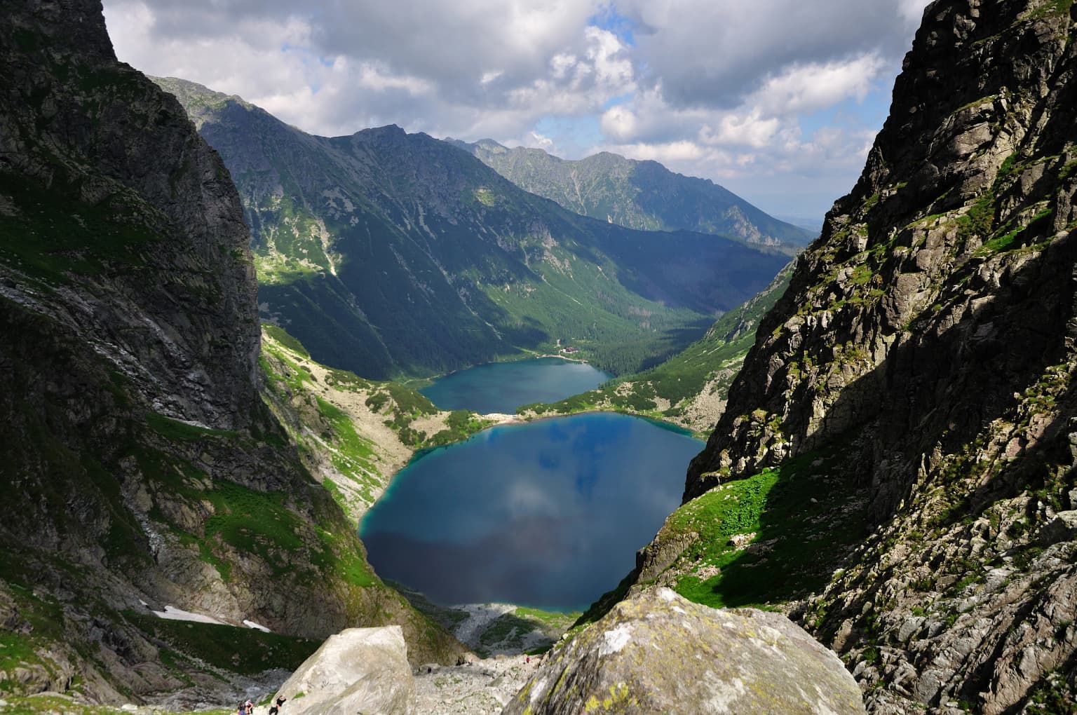 Mountain valley with two blue lakes surrounded by rocky peaks and green slopes under a partly cloudy sky