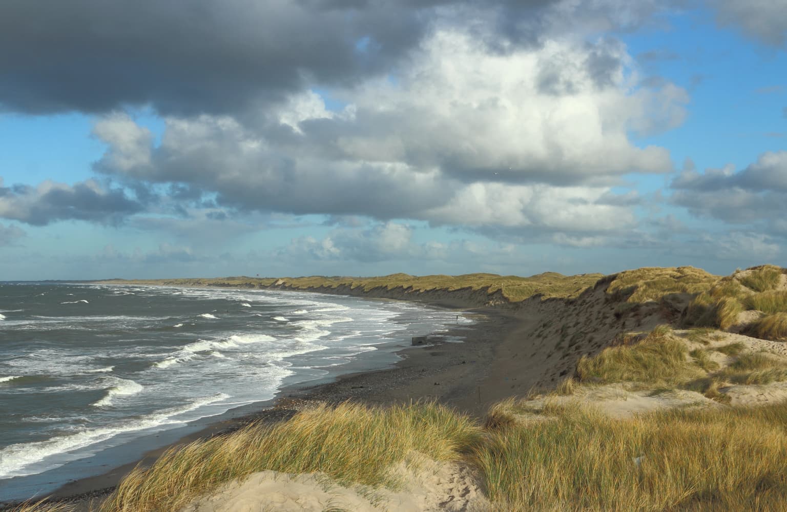 Coastal landscape featuring sandy dunes, grassy vegetation, and ocean waves under a partly cloudy sky
