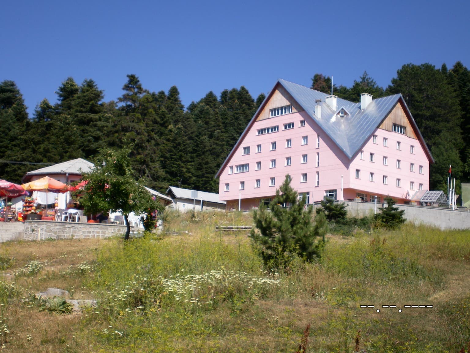 Pink multi-story building with a steep gray roof surrounded by grass, trees, and a clear blue sky