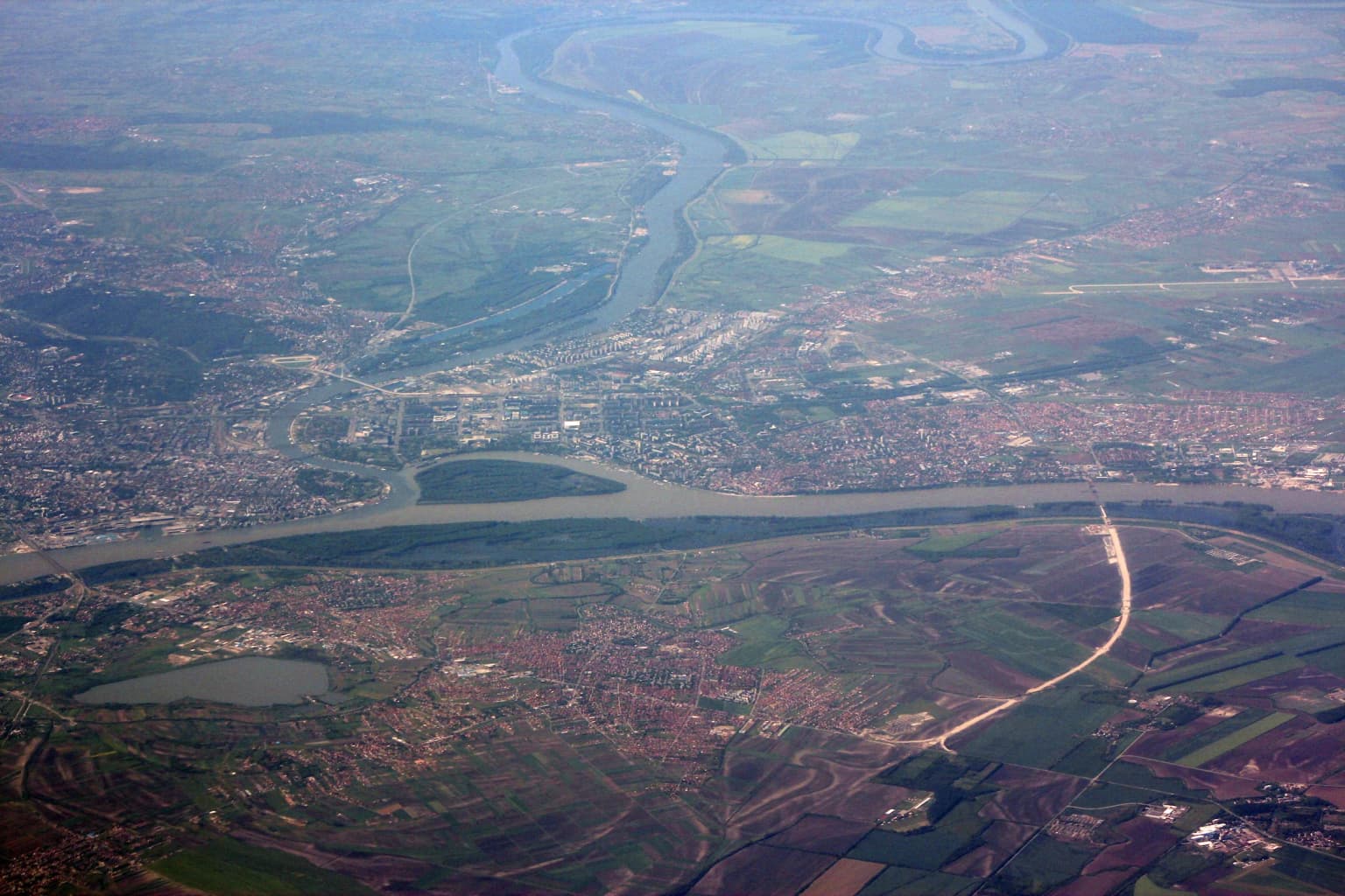Aerial view of the Sava and Danube rivers confluence near Belgrade, Serbia