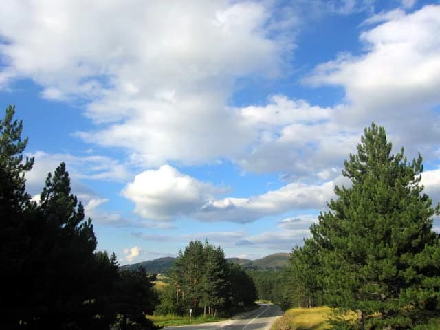Winding road through forested mountain landscape under partly cloudy sky