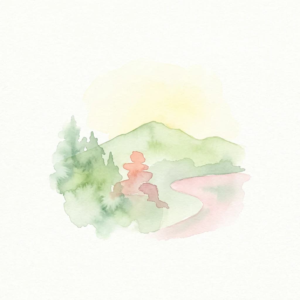 Watercolor illustration showing green mountains, trees, a pink river, and stacked rocks under a yellow sky