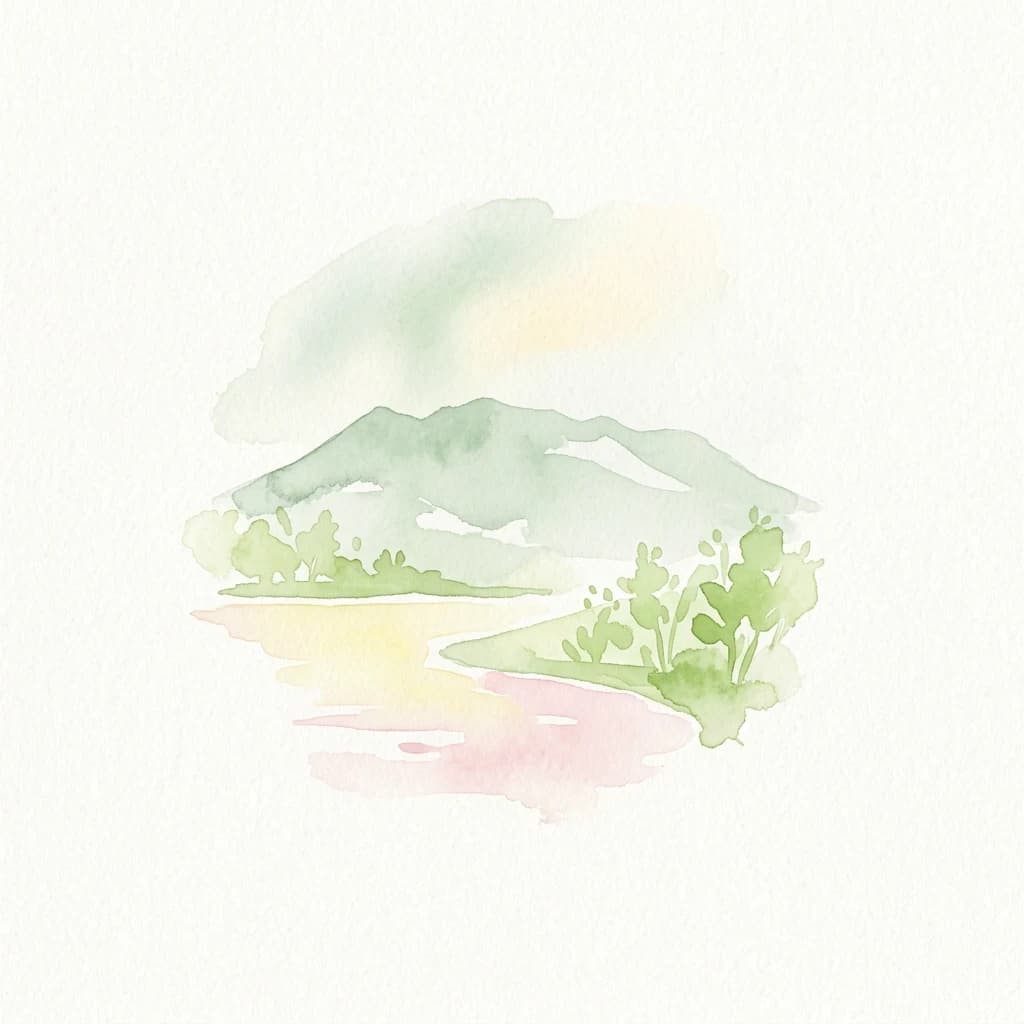Pintura de acuarela de un paisaje montañoso con un lago y árboles