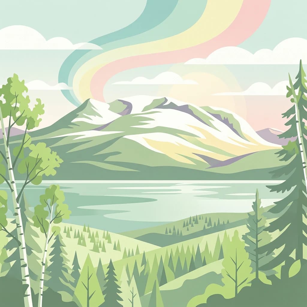 Stylized illustration of a mountain landscape with a lake, forest, and colorful sky patterns