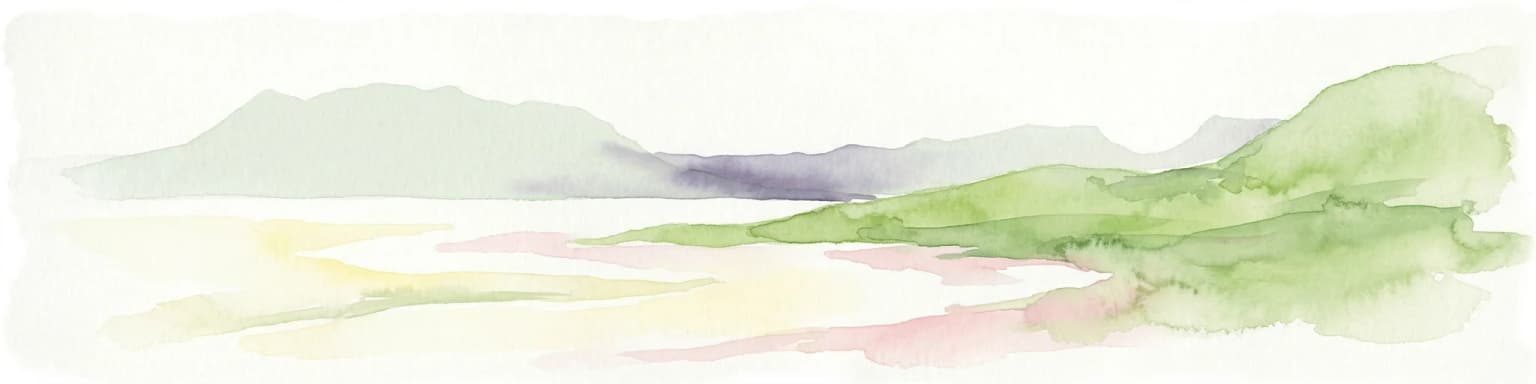 Watercolor painting showing green hills, a body of water, and distant mountains