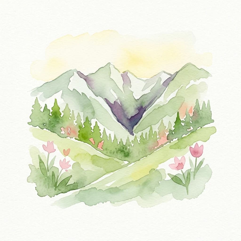 Watercolor illustration showing mountains, green hills, trees, and pink flowers under a yellow sky