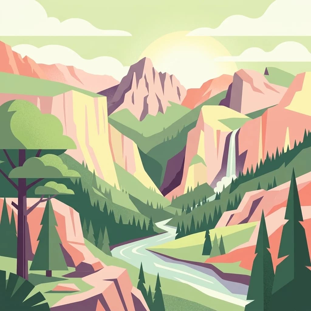 Stylized illustration of a mountain valley with a river, waterfall, forests, and rocky cliffs.