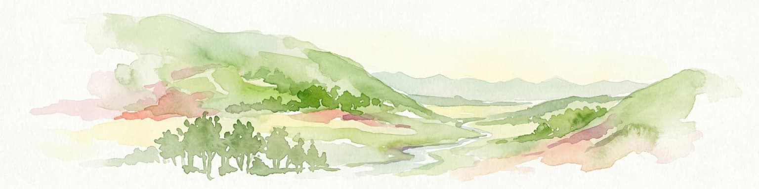 Watercolor painting showing a landscape with rolling green hills, a river, and scattered trees
