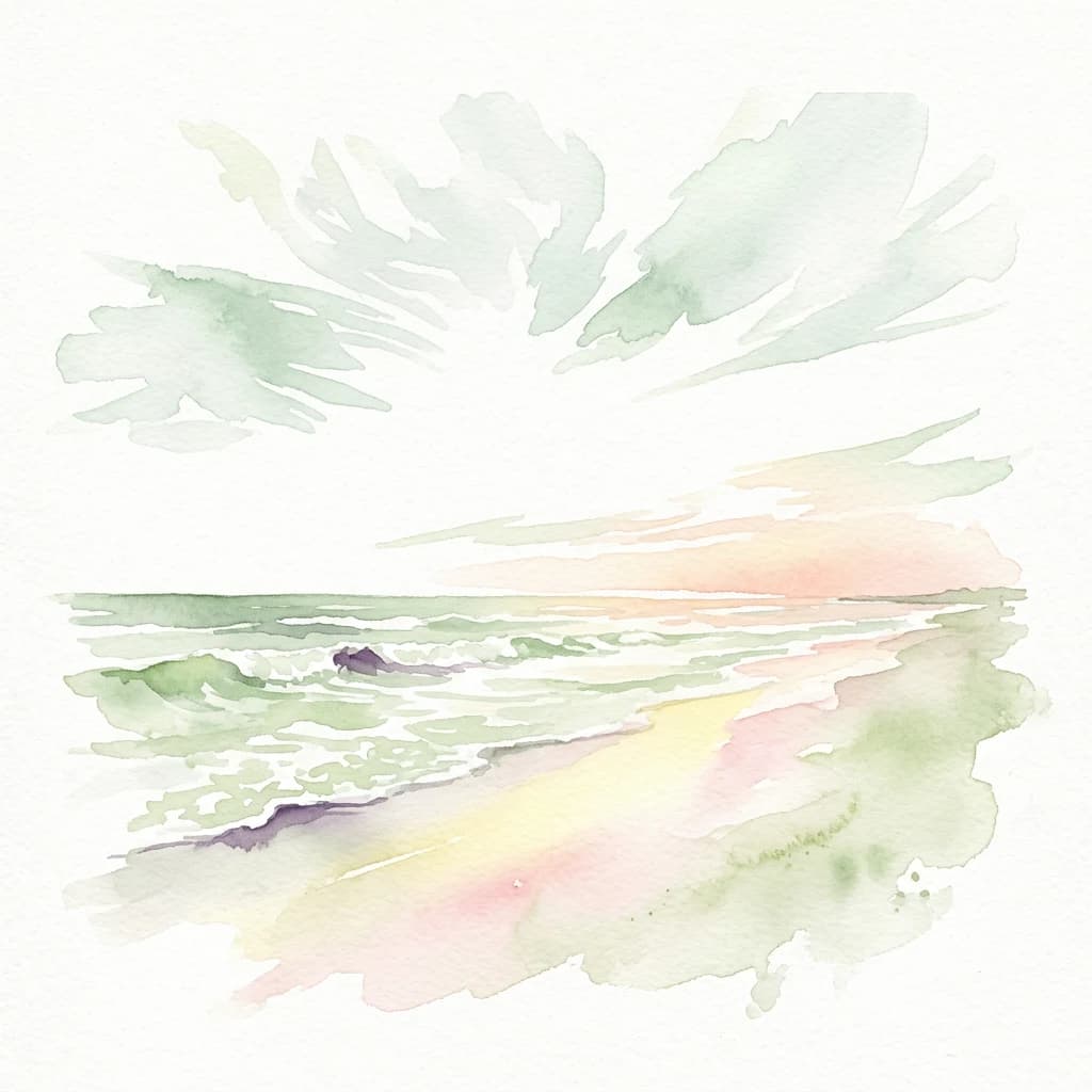 Watercolor painting of a beach at sunset with gentle waves and soft pastel sky