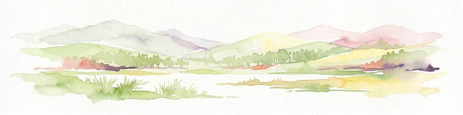 Watercolor painting of rolling hills, a body of water, and vegetation