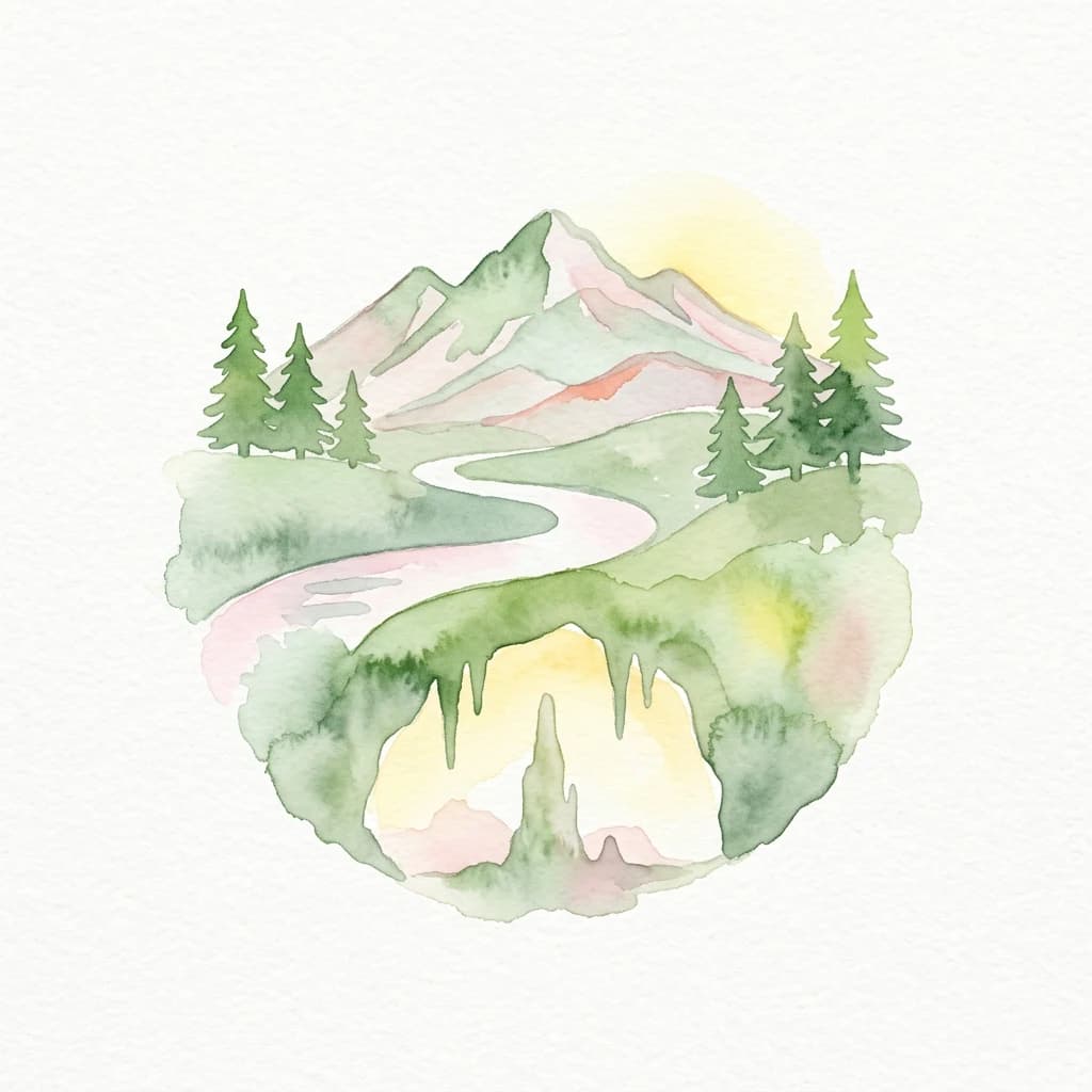 Watercolor illustration of mountains, a winding river, evergreen trees, and a cave entrance with stalactites