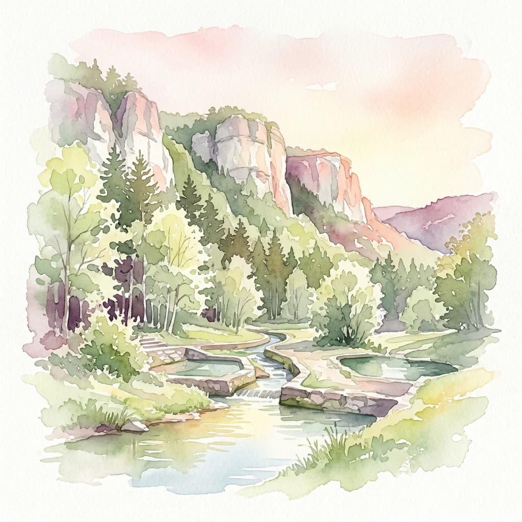 Watercolor illustration showing a river, stone structures, and cliffs in a forested landscape
