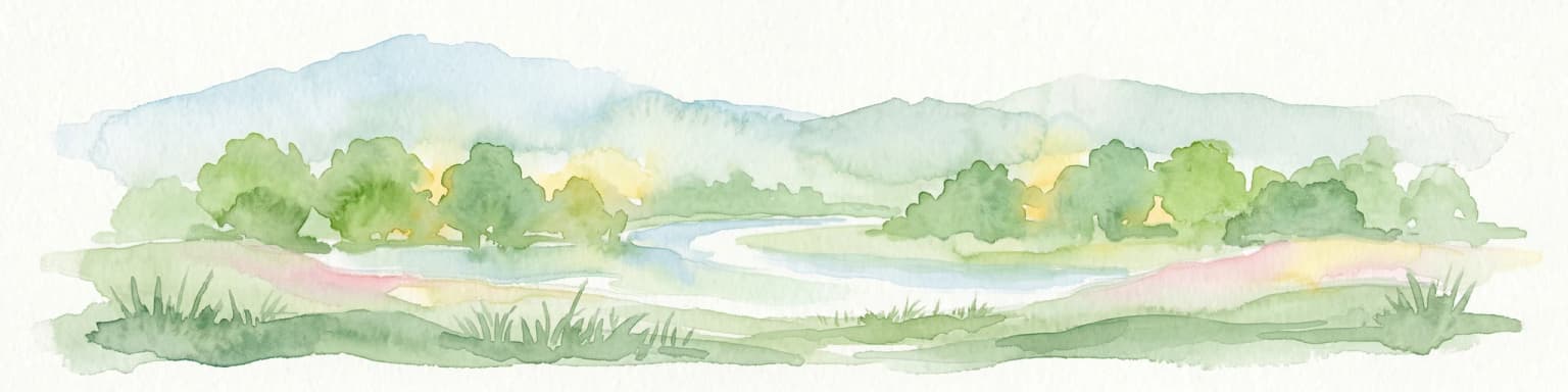 Watercolor painting showing a winding river, green trees, distant hills, and grassy foreground